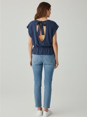 Banana Republic Navy Blue Short Sleeve Tie-Back Top